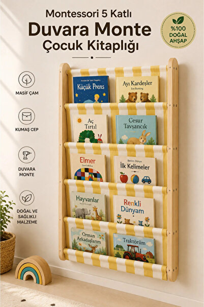 EverAlpina Montessori Duvara Monte Ahşap Çocuk Kitaplığı Kanvas Cepli Kitap D...