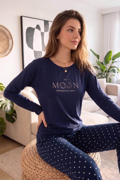 Pijamaevi Lacivert Moon Desenli Bambu Uzun Kol Kadın Pijama Takımı