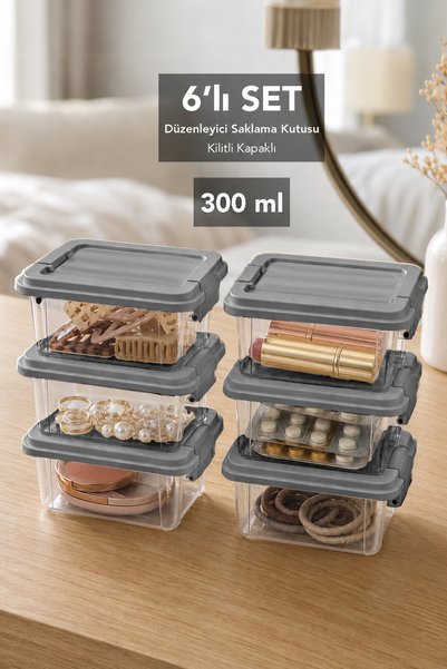 Meleni Home 6 Adet 300ml Organizer Kutu - Kilitli Kapaklı Dolap Çekmece İçi D...