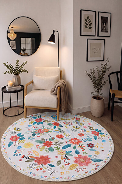Cool Halı Daisy Krem Yuvarlak Çiçek Desenli Halı Bohem Vintage Dekoratif Mutf...