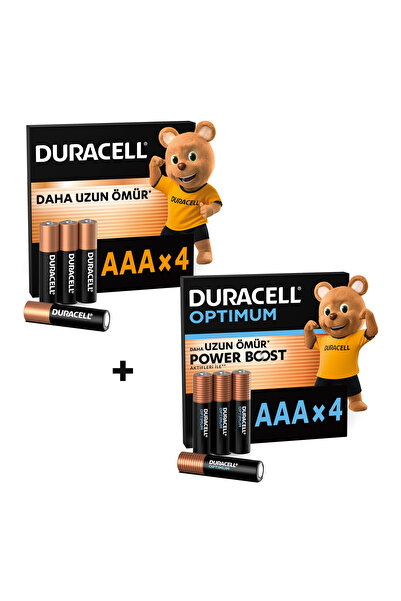 Duracell AAA Optimum Kalem Pil 4’lü Paket + AAA Alkalin Kalem Pil 4' lü Paket