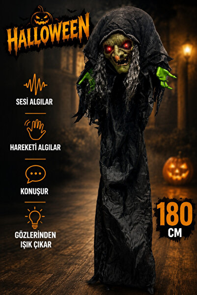 Huzur Party Store 180 Cm Konuşan Işıklı Dev Cadı Dekor Sese ve Harekete Duyarlı Halloween Partisi Cadılar Bayramı
