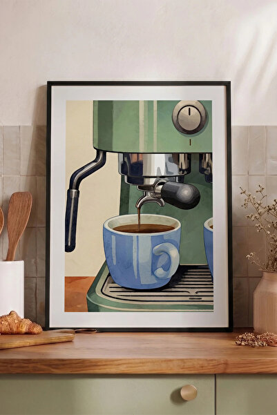 Pena Tablo Retro Espresso Makinesi Siyah Çerçeveli Tablo - Vintage Kahve Maki...
