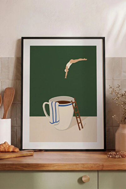Pena Tablo Sürrealist Kahve Fincanı Tablosu Siyah Çerçeveli - Minimalist Kafe...