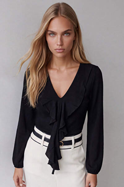 Trend Alaçatı Stili Women's Black V-Neck Frilled Front Blouse Alc-X14361