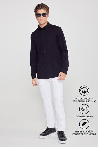 AC&Co / Altınyıldız Classics Erkek Siyah Nefes Alabilir Esnek Pamuklu Tailored Slim Fit Dar Kesim Düğmeli Yaka Örme Gömlek