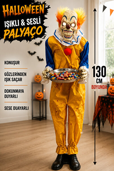 Huzur Party Store 130 cm Ağzı Hareketli Gözleri Işıklı Konuşan Palyaço Joker Şekerlik Halloween Cadılar Bayramı Dekoru