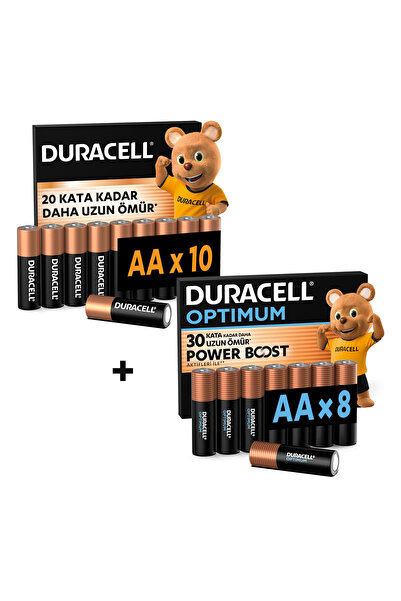 Duracell Optimum AA Alkalin Kalem Pil 8’li Paket + AA Alkalin Kalem Pil 10'lu...
