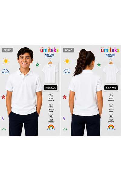 ümitteks iş ve okul kıyafetleri Unisex Polo Neck Short Sleeve White School T-...
