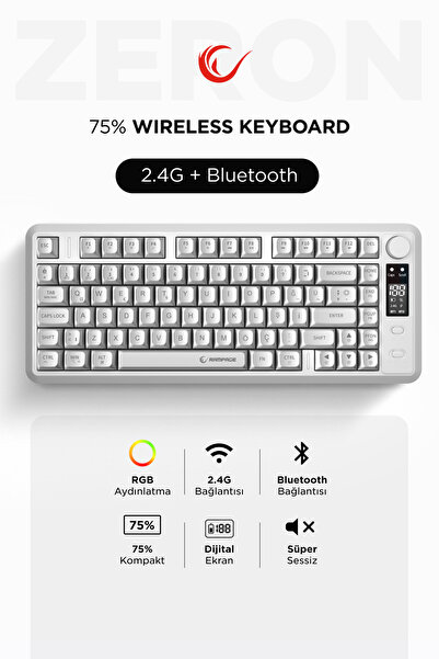 Rampage RM-K87 Zeron Beyaz Kablosuz RGB Oyuncu Klavyesi 2.4G + Bluetooth 75% ...