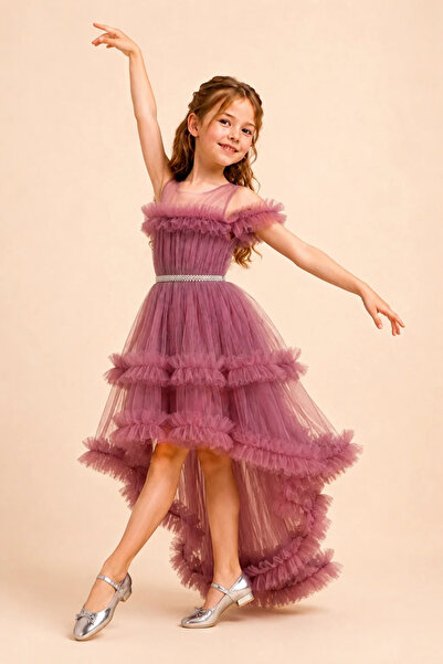 AHENGİM Girl's Princess Tulle Detailed Tailored Evening Dress for Special Occasions Ak2614