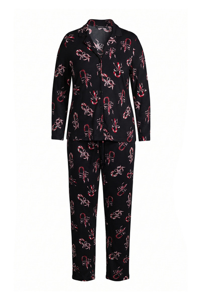 Trendyol Collection Black Ribbon Patterned Soft Buttoned Knitted Pajamas Set ...
