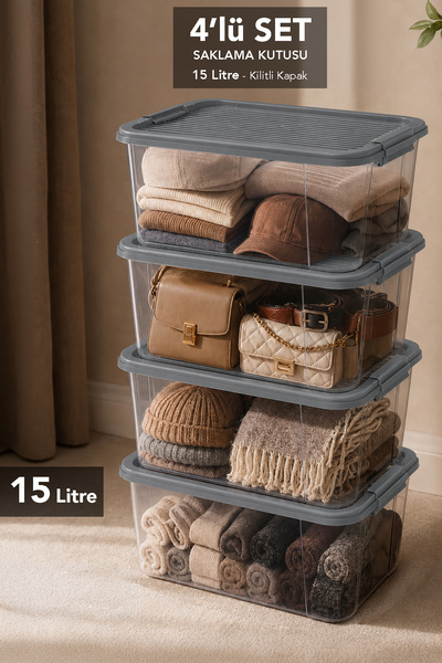 Meleni Home 4 Pieces 15Lt Elora Organizer Box - Lockable Lid Multi-Purpose Ca...