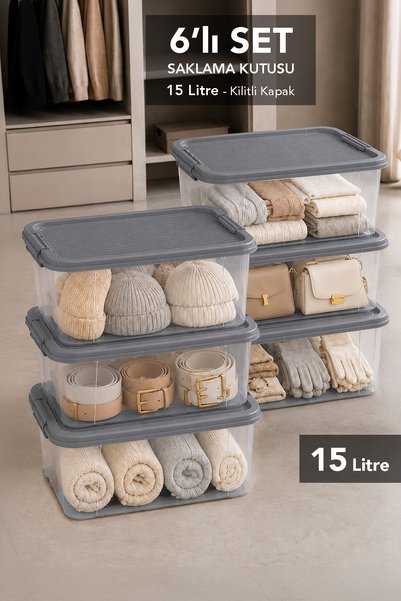 Meleni Home 6 Adet 15Lt Elora Düzenleyici Kutu - Çok Amaçlı Kilitli Kapaklı D...