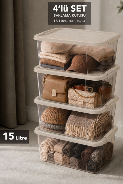 Meleni Home 4 Pieces 15Lt Elora Organizer Box - Lockable Lid Multi-Purpose Ca...
