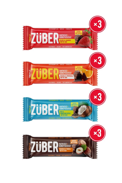 Züber Meyve Bar Karma Paket 40g x 12 Adet (Çilekli, Portakallı, Chia Hindista...