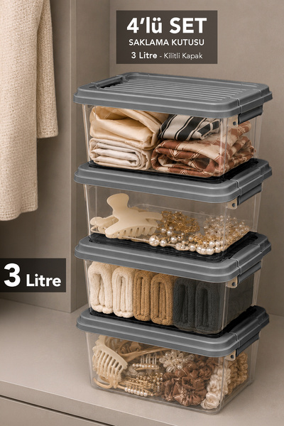 Meleni Home 4-Piece 3 Liter Multi-Purpose Organizer - Elora Lockable Lid In-C...