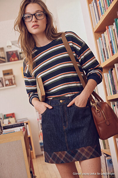 Trendyol Collection Navy Blue Striped Regular Crew Neck Long Regular Combed C...