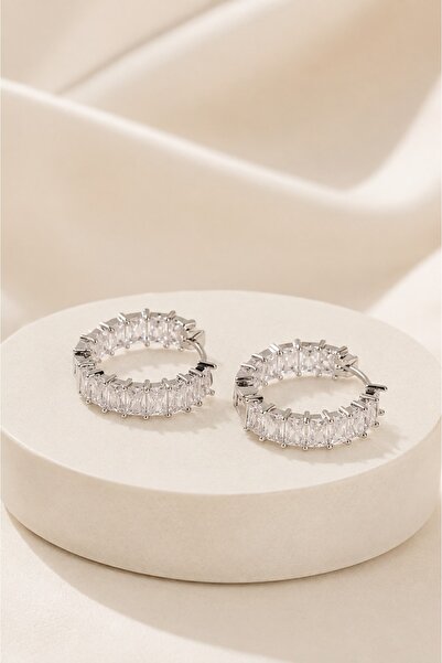Jack Ferrero Women's Silver Color Baguette Stone Steel Hoop Earrings – Lumière