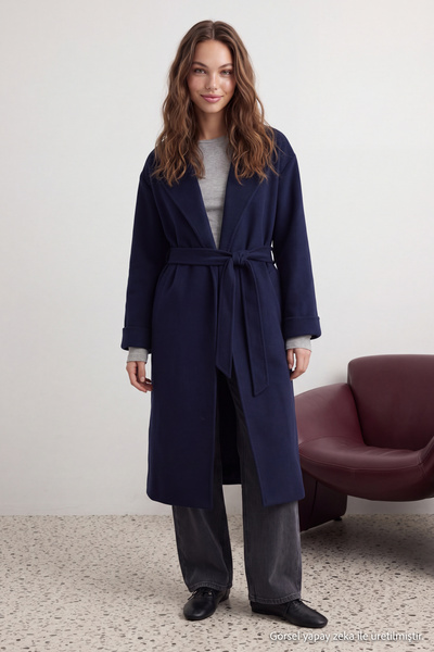 Trendyol Collection Navy Blue Soft Textured Oversize Maxi Coat with Stitching...