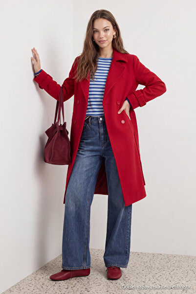 Συλλογή Trendyol Κόκκινο Oversize Παλτό με φαρδιά γραμμή και ζώνη, μακρύ μάλλ...