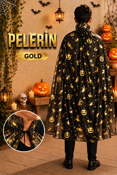 Huzur Party Store Cadılar Bayramı Pelerini Siyah Renkli Gold Altın Sarısı Cadı Yarasa Baskılı Halloween Parti Kostümü