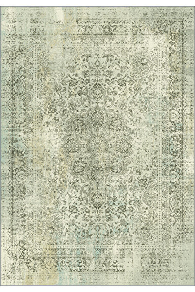 SARAZ HALI Saraz Vintage Mint Yeşili Eskitme Madalyon Desenli Şönil Kaymaz Yı...