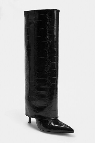 TRENDYOL SHOES Black Croco Women's 11 cm Thin Heeled Boots Takaw27Cz00029