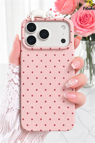 Fibaks iPhone 17 Pro Max/18 Pro Max Kılıf 3D Kedi Pembe Puantiye Noktalı Figü...