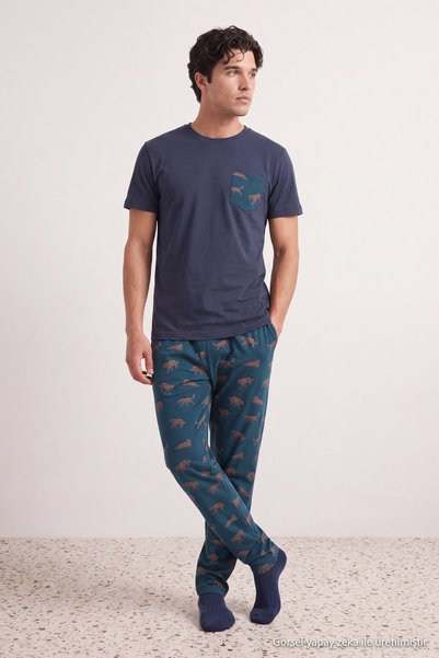 Trendyol Collection Navy Blue Regular Fit Printed Knitted 100% Cotton Pajamas...