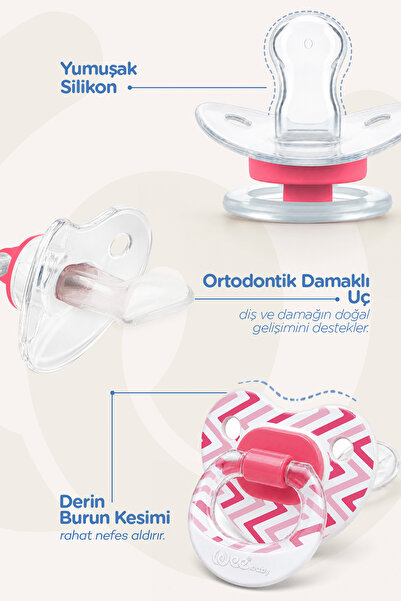 Wee Baby Şeffaf Desenli Ortodontik Damaklı Yumuşak Silkon Uçlu Emzik 18+ Ay Pembe