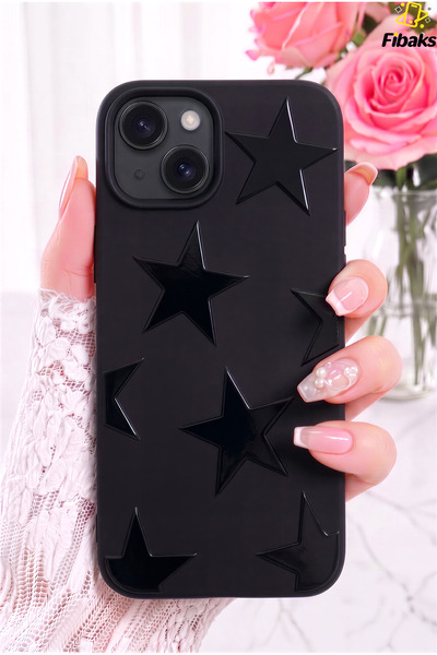 Fibaks iPhone 15/14/13 Kılıf Siyah Yıldız Star Desenli Silikon Darbe Emici Kl...