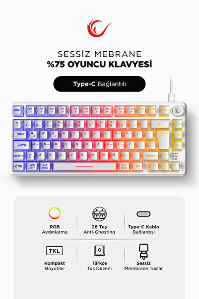 Rampage ZEPHYRA 75 Beyaz RGB US Q Sessiz Membrane Oyuncu Klavyesi
