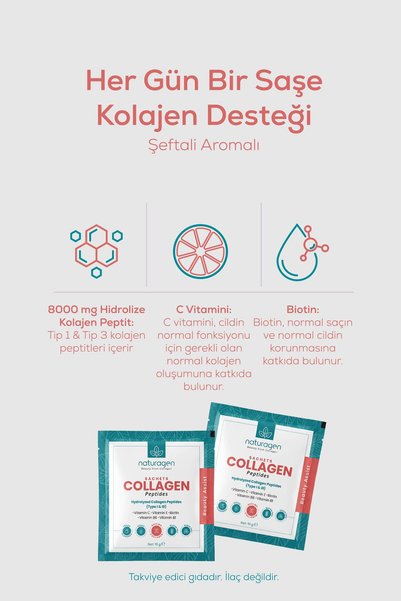 Naturagen بودرة كولاجين Beauty، 30 كيساً، مع فيتامين C وبيوتين، النوع 1 و3، تركيز 8000 ملغ، بنكهة الخوخ
