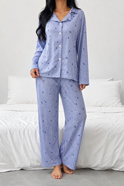 BELLA NOTTE Blue Floral Patterned Belmando Woven Long Sleeve Buttoned Pajama Set