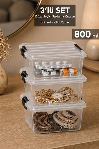 Meleni Home 3'lü Elora Saklama Kutusu - 800ml Kilitli Kapak Takı Makyaj Organ...