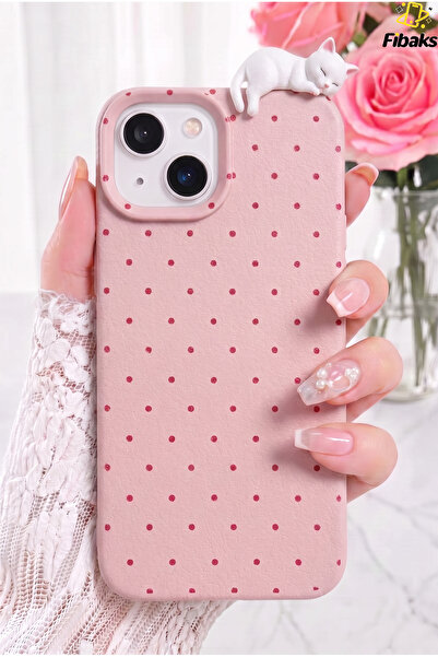 Fibaks iPhone 13 / 14 / 15 Kılıf 3D Kedi Pembe Puantiye Noktalı Figürlü Kamer...