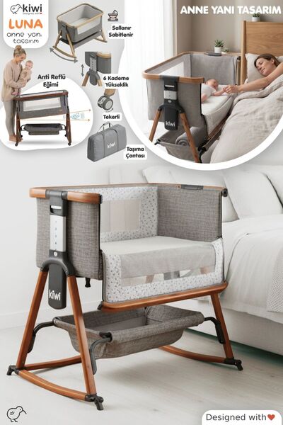 Kiwi Luna 2’si 1 Arada Anne Yanı Beşik –Katlanabilir,Mesh Pencere,6 Kademe Yü...