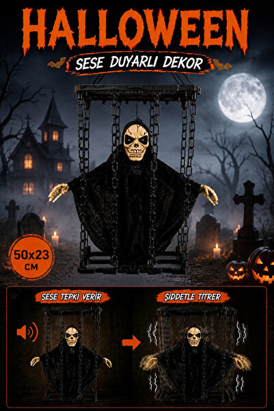 Huzur Party Store Çılgınca Titreyen Siyah Kafatası Cadı 50x23 Cm Işıklı Sesli Sese Duyarlı Cadılar Bayramı Halloween