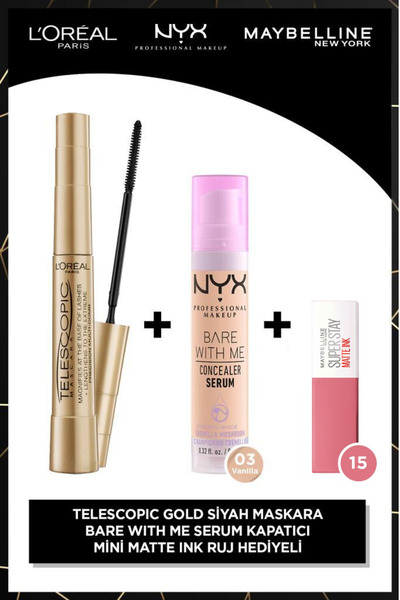 L'Oreal Paris Telescopic Gold Maskara + Bare With Me Kapatıcı 03 + Matte Ink ...