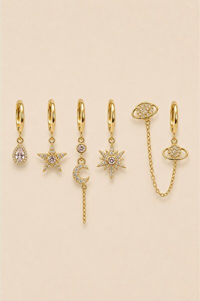 Jack Ferrero Women's Gold Color 6-Piece Zircon Stone Figured Hoop and Stud Ea...