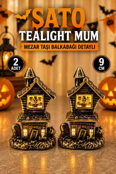 Huzur Party Store Şato Tealight Mezar Taşı Balkabağı Detaylı Sarı Işıklı Pill...