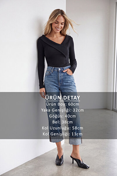 Trend Alaçatı Stili Kadın Siyah Geniş Yakalı Ottoban Bluz Alc-X14342