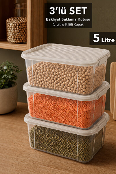 Meleni Home 3 Pieces 5Lt Elora Lockable Lid Box - Erzak Food Storage Containe...