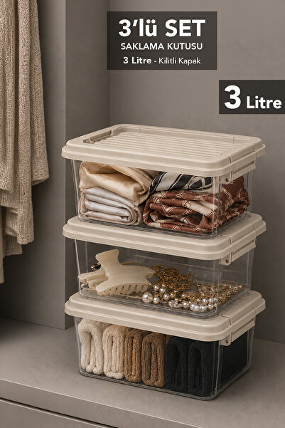 Meleni Home 3'lü 3 Litre Çok Amaçlı Düzenleyici - Elora Kilitli Kapak Dolap İ...