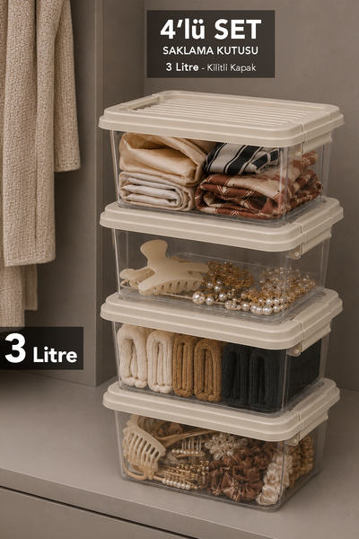 Meleni Home 4-Piece 3 Liter Multi-Purpose Organizer - Elora Lockable Lid In-C...