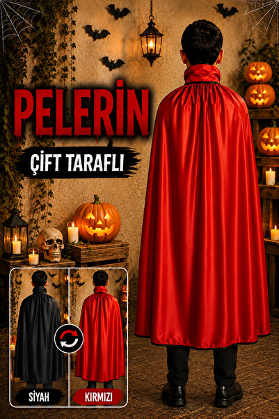 Huzur Party Store Çift Taraflı Giyilebilen Cadılar Bayramı Pelerini Siyah Kırmızı Renkli Düz Halloween Partisi Kostümü