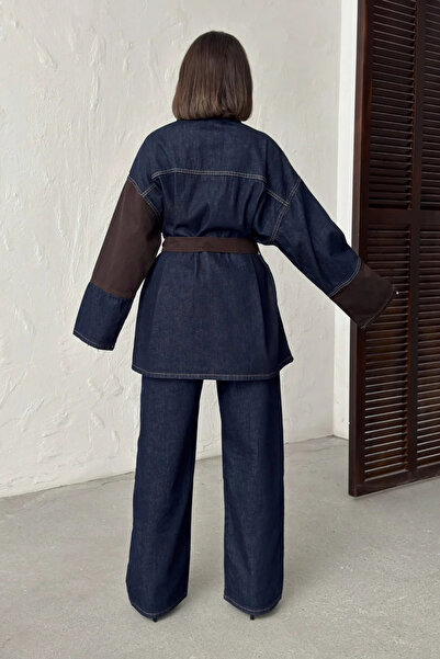 Swana Kuşaklı Ceket- Pantolon Denim Takım- Kahverengi Lacivert