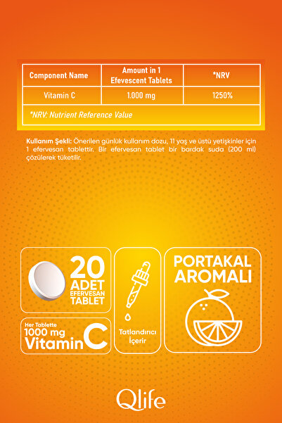 Qlife Vitamin C 1000 mg Effervescent Tablets Vitamin C İçeren Efervesan Tablet Takviye Edici Gıda