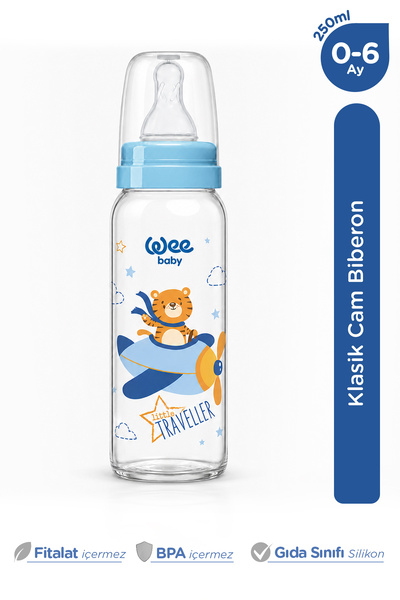 Wee Baby Klasik Dayanıklı Cam Biberon 250 Ml Yavaş Akış 0-6 Ay Mavi